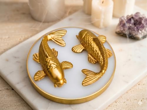 Image of Koi Fish Karma Chakra Selenite Plate with 2 Golden Koi Fish for Wealth and Good Luck | Natural Selenite Energy Charging Plate for Vastu Feng Shui Spiritual Home Decor Gift