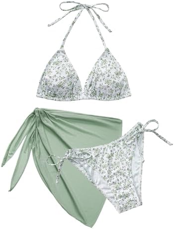 Svanco Cute Bikini Damen Set 3 Teilig mit Blumenmuster - Triangle Neckholder Oberteil, Unterteil Seitlicher Schnürung und Wrap Rock