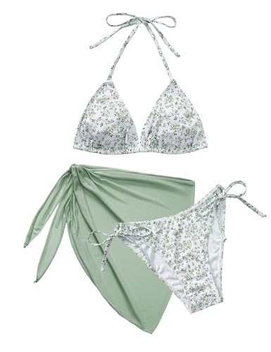 Vijamiy Bikini Damen Set 3 Teiliger Triangel Bikinis Push Up Neckholder Sexy Push Up V Ausschnitt Bademode mit Rock Swim...