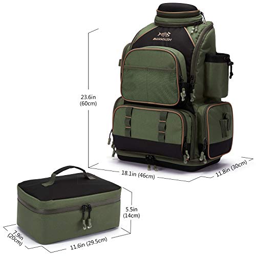 BASSDASH Water Resistant Fishing Tackle Backpack with Detachable Insulated Lunch Bag Rod Holder and Rain Cover for Men Women