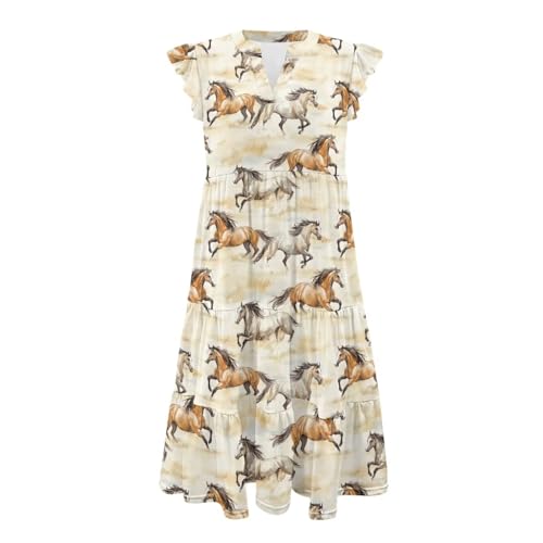 Image of Women's Casual Ruffle Sleeve Dress V Neck Pullover Dress Flowy A-Line Pleated Lightweight Dress with Pockets