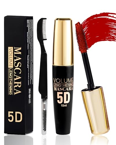 Red 5D Telescopic Mascara for Eyelashes, Waterproof Long Lasting Smudge-proof Colored Mascara, Silk Fiber Wimperntusche Volumen & Längen, Lash Extensions Effect, Augen-Make-up für Weihnachten-07