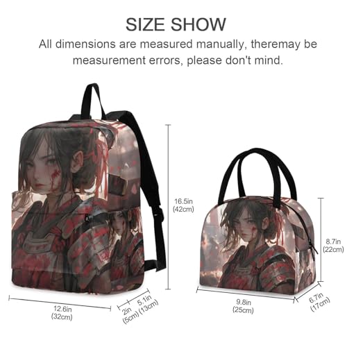 Japanese Warrior Print Backpack Set with Lunch Bag, Large Capacity Travel Backpacks and Lunch Box Insulated for Commute Hiking Picnic2