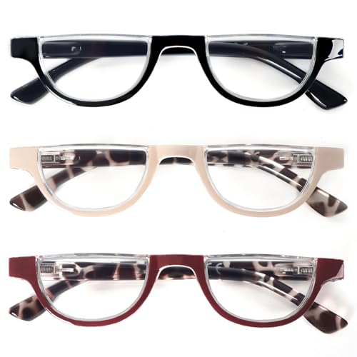 DXYXYO Half Moon Reading Glasses for Women 3 Pack Small Semi Frame Readers with Spring Hinge Blue Light Blocking 2.5 Black+khaki+red