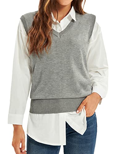 Grace Karin Pure Grey Sweater Vest V-Neck Sleeveless Pullover Sweater Vest 2Xl #TOP22