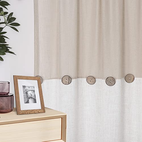 Homerry Farmhouse Linen Blend Curtains Rustic Country Color Block Curtain Panels, Boho Button Rod Pocket Window Drapes For Bedroom Living Room Decor, Linen Color, W52 X L54 Inches, Single Panel #TOP3