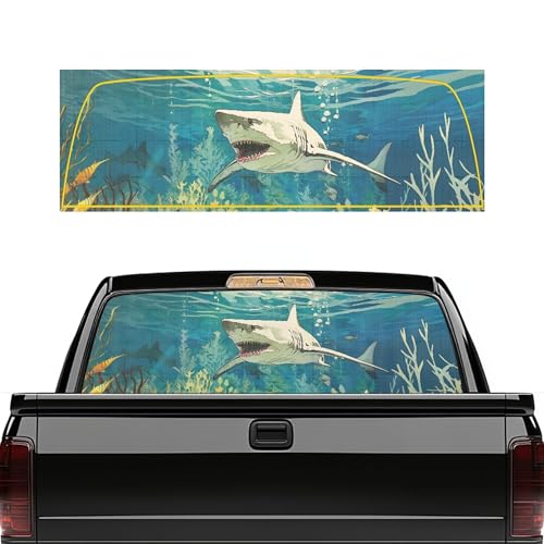 FUIBENG Truck Back Window Graphic - Breathable Mesh Sun Shade Decal for Pickup Rear Glass, Shark Underwater Seaweed Pattern