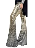 EVALESS Womens Casual Sparkle Sequin Pants Glitter Bling Loose Elastic High Waist Gradient Wide Leg Flare Palazzo Trousers Gradient Gold Silver L 12 14