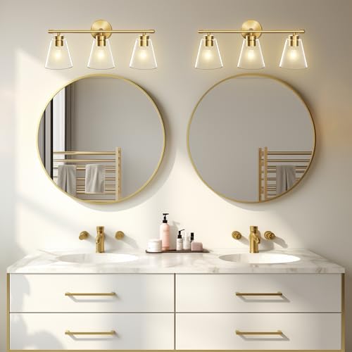 Image of Hamilyeah Gold Bathroom Vanity Light Fixtures Over Mirror, 3 Light Vanity Lights Clear Glass, Industrial Vanity Lighting Fixtures for Bath, Restroom