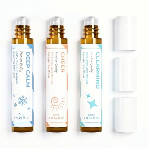 Essential Oil Set (Deep Calm Cheer ClearMind) Aromatherapy Roll On Blends for Massage Body Care & Home Use Great Fragrance Roller Gift for Men & Women