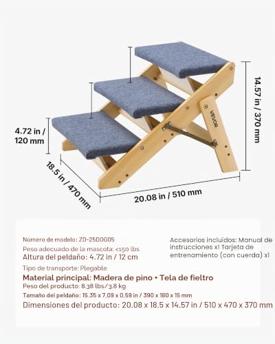Escalera de madera para mascotas VEVOR resistente de 3 niveles con carga de 68 kg estable 8