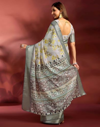Image of SIRIL Women's Dola Silk Printed Jacquard Border Ready To Wear Saree with Unstitched Blouse Piece