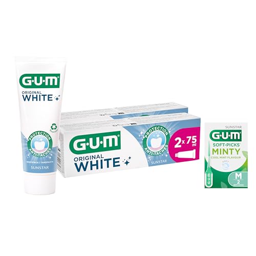 GUM Pasta de dientes blanca original | restaura la blancura original de los dientes | Fluoruro e isomalt protegen el esmalte | 2 x 75 ml (con 1 muestra gratis)