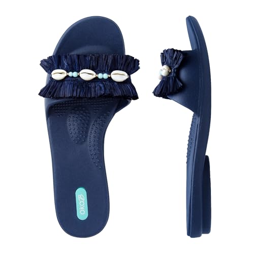 Oka-B Women's Grace Kalani Slide,Sapphire with Sapphire Fringe and Shell Strand Charm, Large, Size 9.5-10.5 M