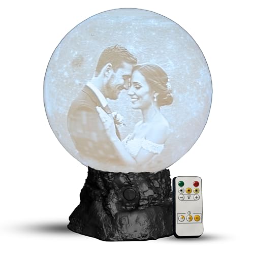 MOMO3D Personalized Moon Lamp with Custom Photo & Text - 3D Printed Night Light - 3 Temp LED - Unique Gifts for Women, Girlfriend - Decor for Wedding Anniversary, Birthday - PLA Material