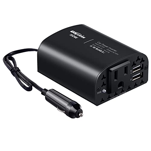 Bapdas Convertisseur de courant de voiture 150 W DC 12 V vers 110 V AC 2 ports USB Adaptateur chargeur de voiture pour prise de courant Nouveau modèle (Noir) Cover