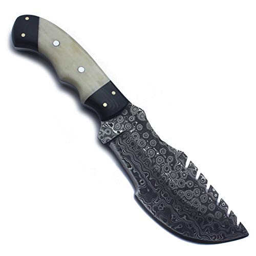 Maan Handmade Damascus Tracker Knife Survival, Tactical And Camping - Damascus Steel Tracker Knife - Damascus Hunting Knife With Right Hand Scout Carry Leather Sheath (Bone Handle) #TOP3