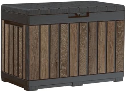 Keter Signature Everwood 50 Gallon Resin Deck Box for Outdoor Storage – Weather‑Resistant Balcony & Patio Box for Cushions, Throw Pillows & Garden Tools, Walnut