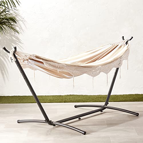 Image of Amazon Basics Double Hammock with 9-Foot Space Saving Steel Stand and Carrying Case, 2 Person, 450 lb Capacity, Beige Stripe with Lace, 110 inch x 47 inch x 43 inch