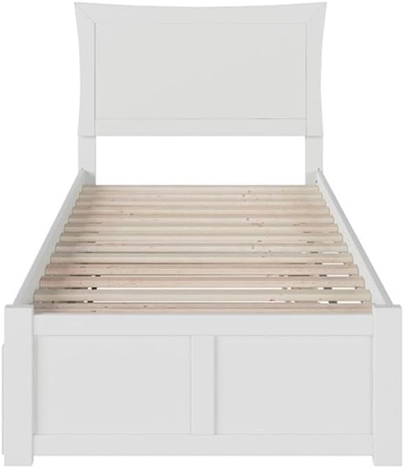 BOWERY HILL Twin Solid Wood Platform Bed with Twin Trundle, USB Charger, White Finish, 44.25" H x 42.75" W x 77" D, Modern Headboard, 600 lbs Capacity, Bedroom Sleeping Solution