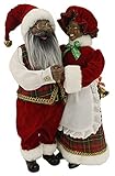 Windy Hill Collection Dancing Mr & Mrs Ethnic African American Santa Claus Red, Green, Gold Plaid 16' Inch Standing Figurine Figure Decoration 160050