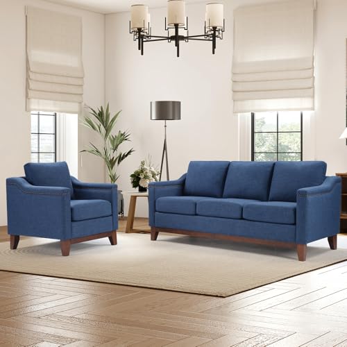 Image of HAOMARKETS Modern 2 Piece Sofa Set with Rivets, Included Chenille Accent Chair and Upholstered 3-Seater Couches with Solid Wood Legs, Living Room Furniture Set,Blue