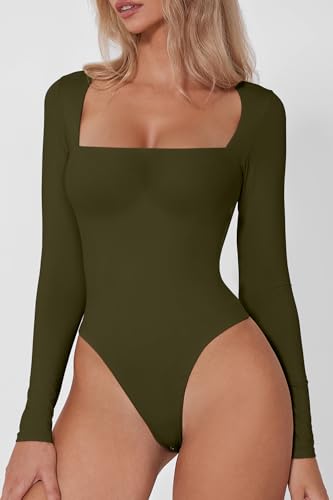 QINSEN Women's Sexy Square Neck Bodysuit Long Sleeve Double Lined Shirt Tops4