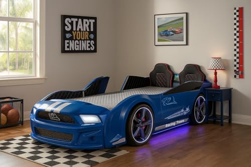 Luxury Race Car Bed for Kids – LED Lights, Sports Car Design, Sound Effects, Twin, Ergonomic & Comfortable Sleeping Experience (Blue)