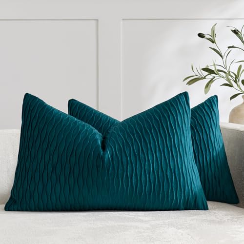 DEZENE 12x20 Teal Throw Pillow Cases: Pack of 2 Vertical Ripple Striped Velvet Rectangular Decorative Pillow Covers for Farmhouse Couch Sofa Bed Living Room Home Decor