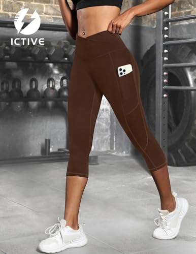 Fihapyli ICTIVE Women's Capris Yoga Pants with Pockets Crossover High Waisted Fitness Running Leggings Coffee M — view 4