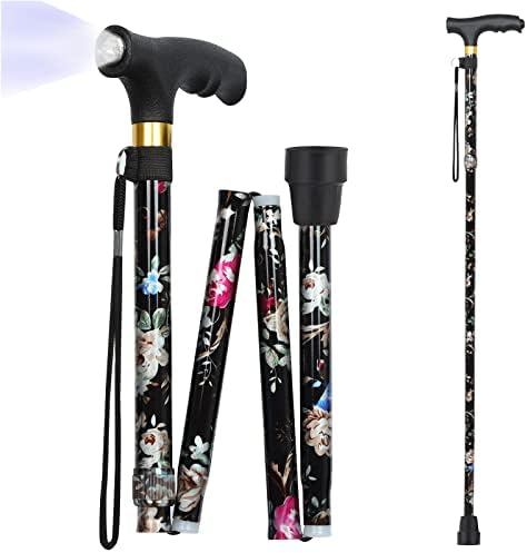 JUNRA Cane for Women with LED Light, Walking Cane for Women and Men, Walking Sticks for Women and Seniors, Folding and Collapsible Cane, Walking Canes for Senior Women for Balance(Black Flowers)