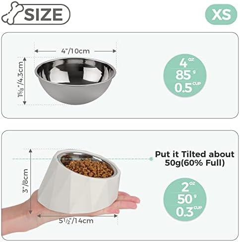 ComSaf 15°Slanted Stainless Steel Dog Bowl, 120ml Tilted Angle Raised Food Water bowl for Dog and Cat, Food Grade,Non-Skid & Non-Spill Feeding Bowl with Detachable Melamine Stand, White
