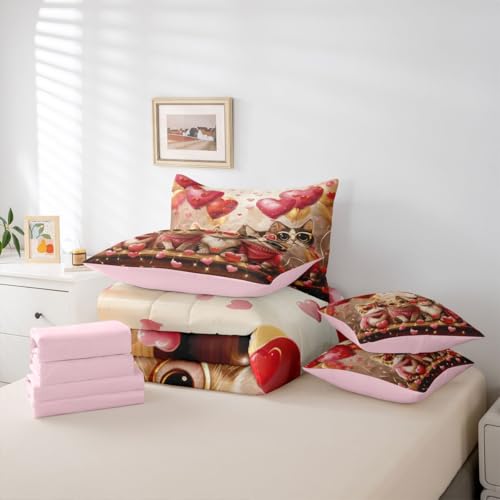 Image of Cute Cats Twin Comforter Set Pink Heart Balloons Decor Bedding Sets Valentine's Day Romantic Lovely Kitty Bedroom Decor Comforter,Flat Sheet,Fitted Sheet,2 Pillowcases,2 Pillow Covers,7 Pieces