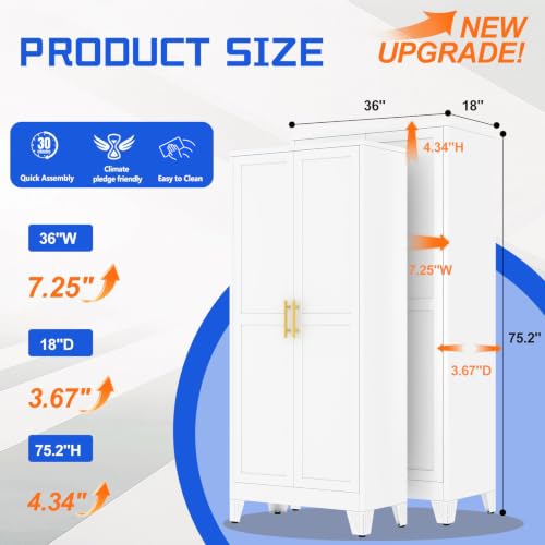Image of GAIOUS 75.2 inch Tall Metal Storage Cabinet with 2 Doors and 5 Adjustable Shelves, New upgrade Kitchen Pantry Cabinet, White Freestanding Cupboard, 6 Tier Steel Storage for Office, Kitchen, Dining, Garage