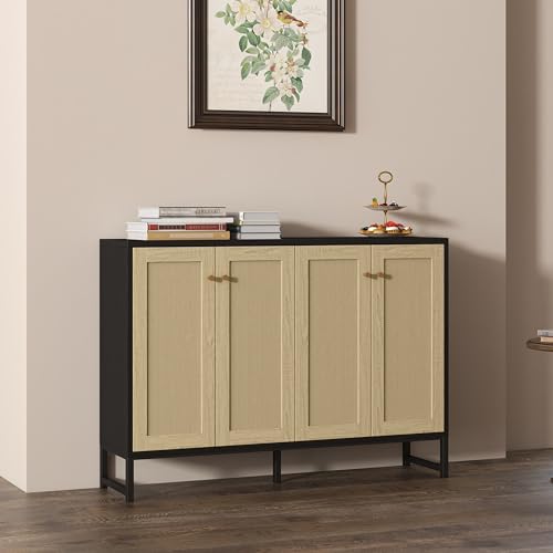 Panana FRSB61ACC Sideboard Accent Storage Cabinet With Rattan Decorated 4 Doors Dining Room Freestanding Kitchen Buffet Table Cupboard thumb #3