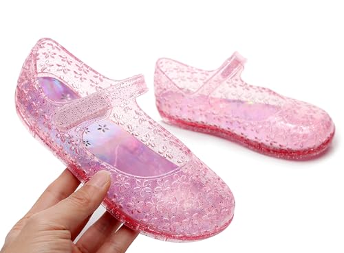 Image of Princess Dress Sandals Jelly Shoes for Toddler Girls Size 8, Blue Bird Nest Layered Lines Mary Jane Flats Childrens Clear Glitter with Hollow-Carved