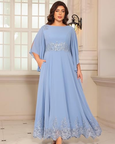 Long Chiffon Mother of The Bride Dresses Lace Appliques Hem Round Neck Sequin Evening Formal Dress PU2534