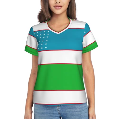 Drapeau de la République d'Ouzbékistan Imprimé T-shirts à manches courtes Col en V T-shirts pour femmes Tops Vacances de plage Vêtements de mode Décontracté Tenues d'été, Noir , XXL