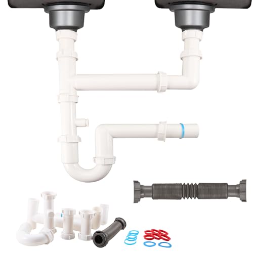QruiLanTu Universal 1-1/2 Kitchen Sink Drain Kit Space-Saving kitchen drain P-trap With retractable flexible Pipe Completed Sink Pipe Replacement Kit (DIY Installation)