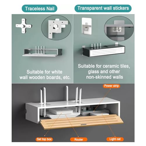Supporto da parete in legno per router e scatola portaoggetti decorativa da 81,3 cm, per router WiFi, elegante copertura da appendere al pavimento, design salvaspazio grigio e bianco