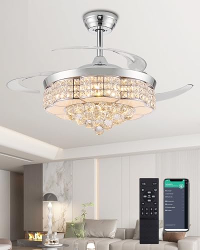 Fejanical 48" Retractable Chandelier Ceiling Fan with Lights, Crystal Dimmable Fandelier Ceiling Fan with Light and Remote for Bedroom Living Room,Chrome Fejanical 48" Retractable Chandelier Ceiling Fan with Lights, Crystal Dimmable Fandelier Ceiling Fan with Light and Remote for Bedroom Living Room,Chrome
