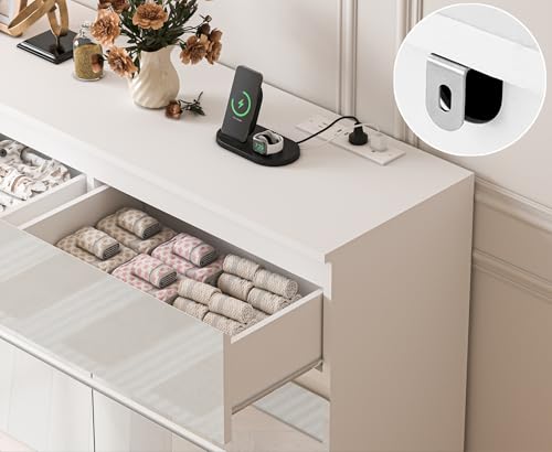 Image of JassmiPkwy 71.65 INCH 12 Drawers Dresser with Power Outlet, Wide High Gloss Chest of Drawers Large, Modern Storage Drawer Dresser for Bedroom, White