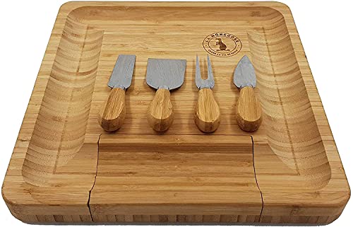 Classic Cheese Board Usa & Knife Set With Hidden Drawer 4 Stainless-Steel Serving Utensils Cracker Groove Large Square Cutting Plate Natural Organic Bamboo Wood Serving Dish Platter Gift #TOP6