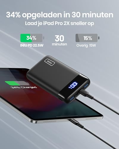 INIU Power Bank, 22,5W 20000mAh PD 3.0 QC 4.0 USB C Snel Opladen Externe Batterij, Kleine Draagbare Oplader met LED-display Zaklamp voor iPhone 17 16 15 14 13 12 Pro Max Samsung S25 S24 S23 iPad etc - Afbeelding 5