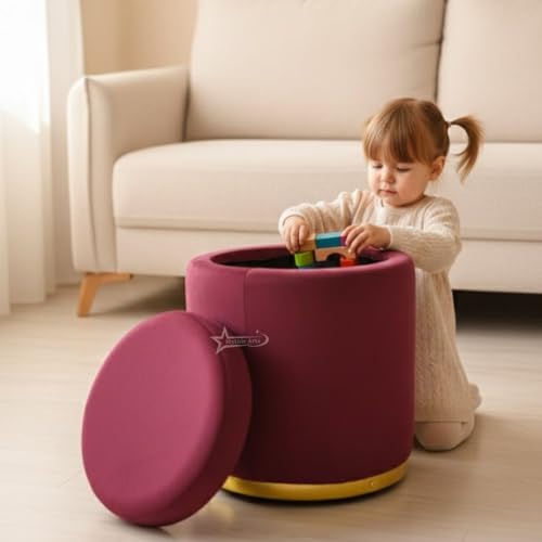 Image of Velvet Round Single Strip Ottoman Office Stool Foot Rest Stool Velvet Fabric Padded Seat Pouf Ottoman 16 X 16X 19 inch, in Round Shape for Living Room Maroon