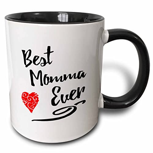 3dRose Best Momma Ever design with Red Swirly heart 11oz Two-Tone Black Mug