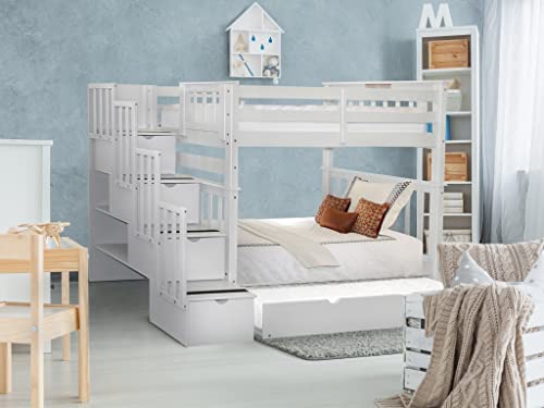 Bedz King Tall Stairway Bunk Beds Twin Over Twin With 4 Drawers In The Steps And A Twin Trundle, White #TOP4