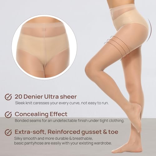 MANZI 6 Pairs Women's 20D Sheer Silky Pantyhose Run Resistant Nylon Tights High Waist Stockings with Control Top