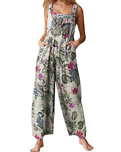 Image of Springcmy Women's Loose Overall Dungarees Floral Jumpsuit Sleeveless Casual Baggy Playsuit Summer Wide Leg Long Pants Romper (C-Beige, S)
