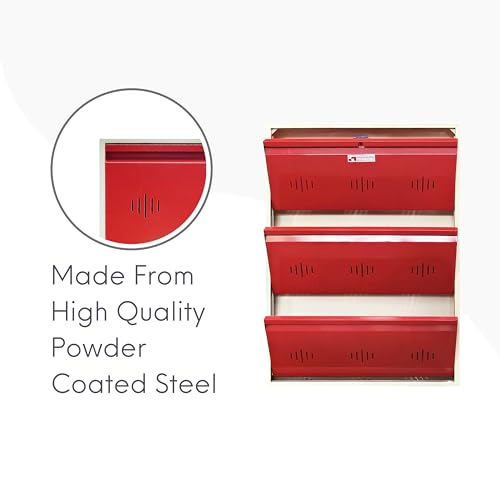 Image of StayHappy Wide Wall-Mounted and Freestanding Metal Shoe Rack Cabinet | Key Lock | Compact Design | Thick Metal Layer for Durability | Powder-Coated Steel | Crafted in Bharat. (Red, 3 Door)